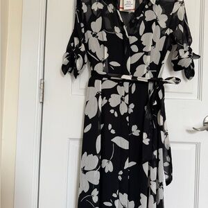 Black and White Wrap Dress with Flutter Sleeves for Cocktail Events